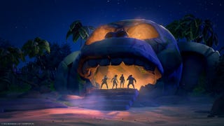 Four pirates enter a giant cave in the shape of a skull in Sea Of Thieves' The Legend Of Monkey Island Tall Tale