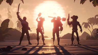 A sunset silhouette of four piratical figures on a beach, waving shovels and swords.