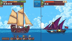 Two ships of pirates face off in turn-based battles in Seablip, a colourful 2D pirate adventure.