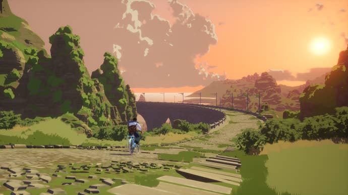 A woman rides her bike down a grassy hill path at sunset in Season: A Letter To The Future