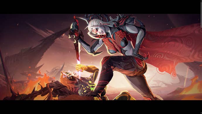 Hela, goddess of death, lasting implicit a fallen Jean the Phoenix holding a dagger to her throat, from Marvel Rivals