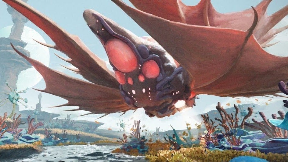 A big fleshy space animal with huge crimson eyes and wings flying over an alien planet - 1