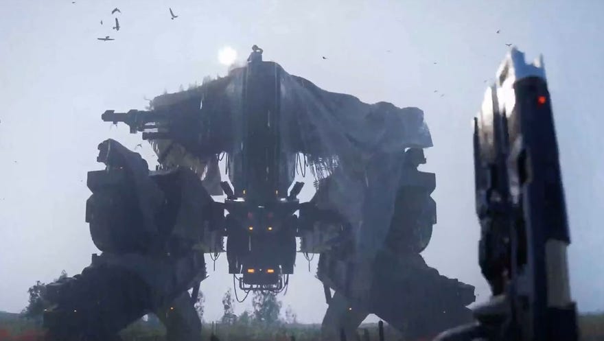 A large mech looks over the player against an overcast sky