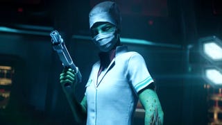 An image from the Concord episode of Amazon's Secret Level TV series showing a gun-toting green humanoid alien with their face obscured behind a surgical mask.