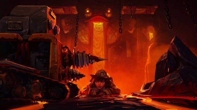 A shot from Amazon Prime’s Secret Level animated series showing Spelunky 2’s Ana Spelunky pulling herself up onto a ledge as lava spews from an ornate stone face in the background.