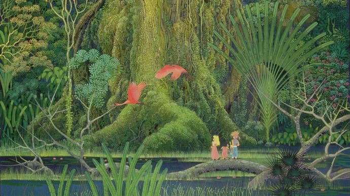 Secret of Mana characters stand in front of a giant green tree with pink birds flying