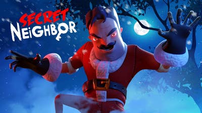 Secret Neighbor screenshot showing the main character with glowing eyes, dressed in a Santa suit and walking menacingly toward the camera