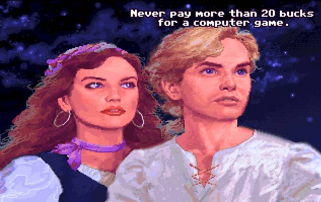 Screenshot of Secret of Monkey Island ending with heroic pirate Guybrush and the object of his affection Elaine looking dramatically into the distance. Guybrush says, "Never pay more than 20 bucks for a computer game."