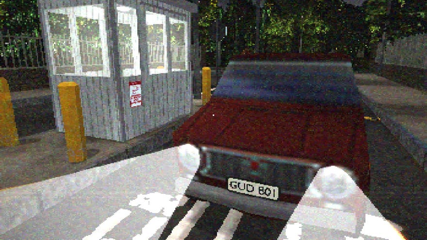 Security Booth - A red car with the license plate “Gud Boi” waits beside a security booth with its lights on at night.