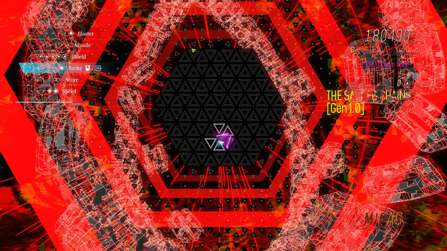 A bright red hexagonal explosion with a little circular line-drawn ship in the middle responsible for it. What a big mess for such a small thing. Can I say that?