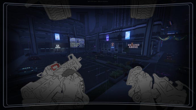 A work-in-progress screenshot showing a paintover of the player in a mech suit, from the player’s perspective.