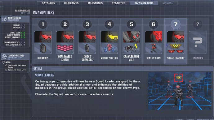 Selaco’s Invasion Tiers, showing how enemies become cleverer as you progress.