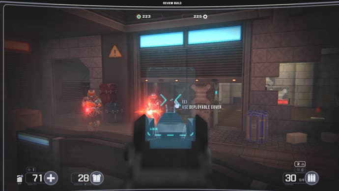 Shooting enemies behind cover in Selaco.