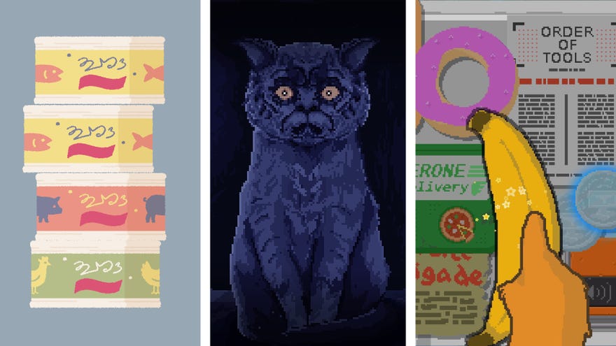 a composite image in thirds, each part of a screenshot from a different game. L-R: A Little To The Left; The Excavation Of Hob’s Barrow; FixFox