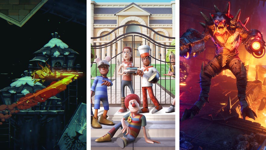 A composite image in thirds, each part of a screenshot from Rogue Legacy 2, Two Point Campus, and Warstride Challenges