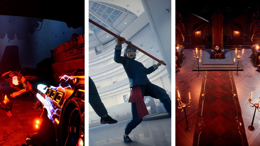 A composite image in thirds, each part of a screenshot from The Cycle: Frontier, Sifu, and V Rising