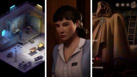 A composite image of three screenshots from different games: a mysterious room in The Bookwalker: Thief Of Tales; a close up of the main character Molly the maid in This Bed We Made; the mysterious Mr. Pages from Mask Of The Rose