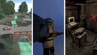 A composite image made of screenshots from three different games: a car crossing a bridge in Sebil Engineering; a sled dog musher staring at the player character in That Which Gave Chase, and a bleak underground room containing a CRT computer in Unsorted Horror