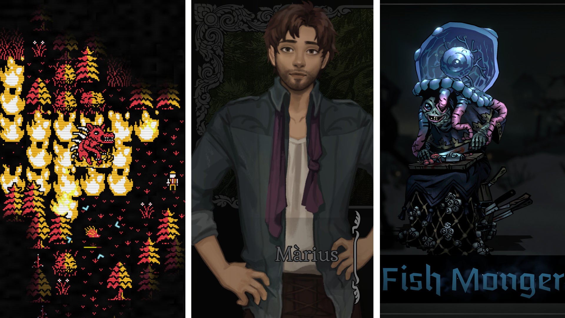 A composite image of three screenshots of different games: a little monster surrounded by flames in Moonring; a dapper young gentleman in Amarantus; a creepy fishmonger from Darkest Dungeon - 1