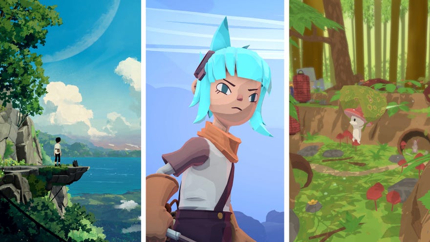 A composite image made of three different game screenshots: the character in Planet Of Lana standing on an overlook above a lake; the protagonist of Wavetale looking determined; a mushroom from Smushi Come Home using a leaf as a parachute