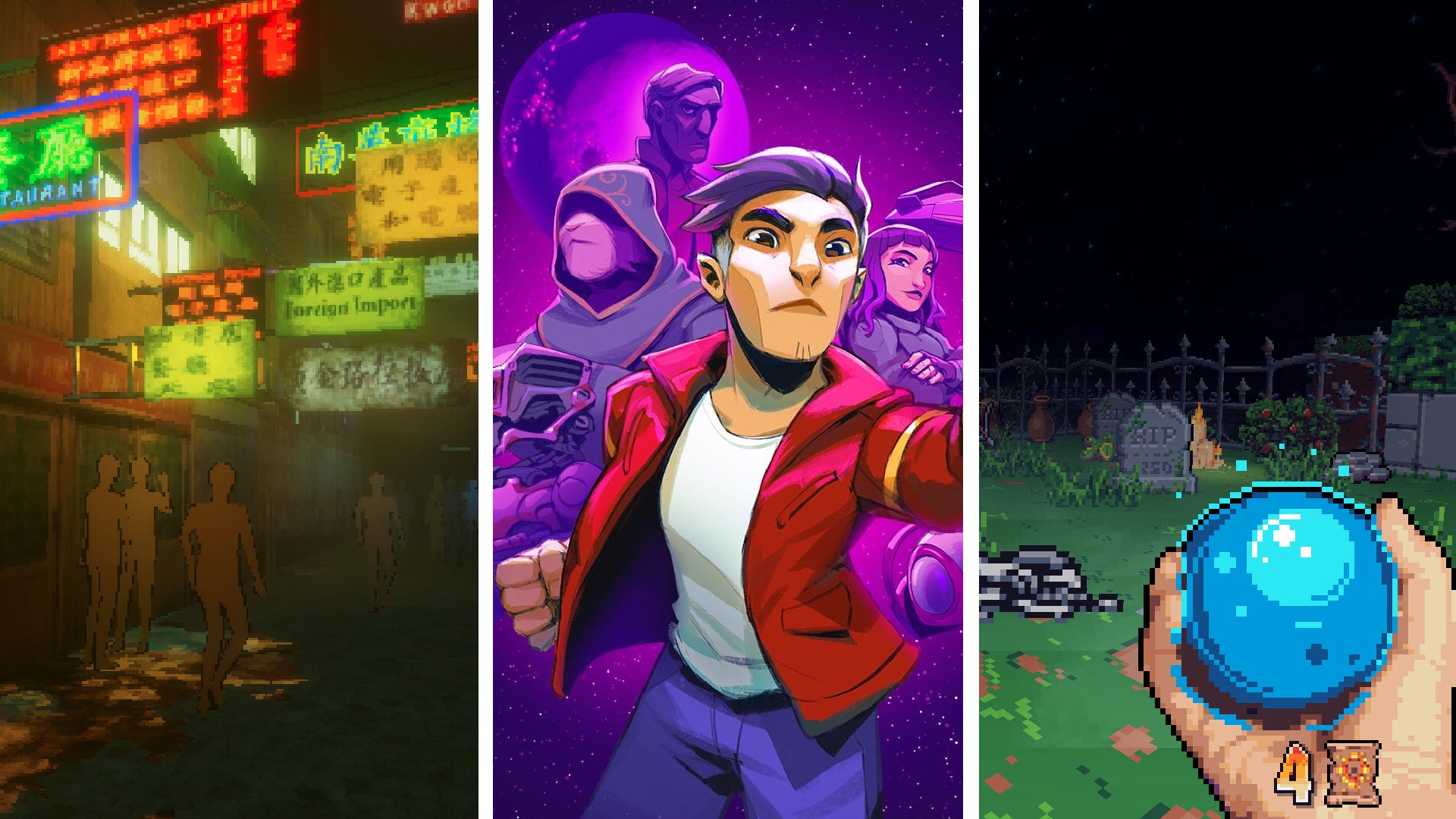 An image in thirds, composited from screenshots of different games: a street in Kowloon&rsquo;s Curse: Lost Report; the main character in Lunark running forwards dramatically in a piece of key art; the player holding a blue magical orb in front of them in Wizordum