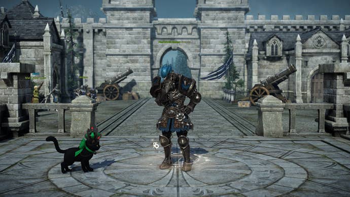 A paladin drops his head in disappointment, as his cat watches on in Lost Ark.