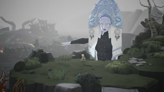 A big woman points at an island in Selfloss