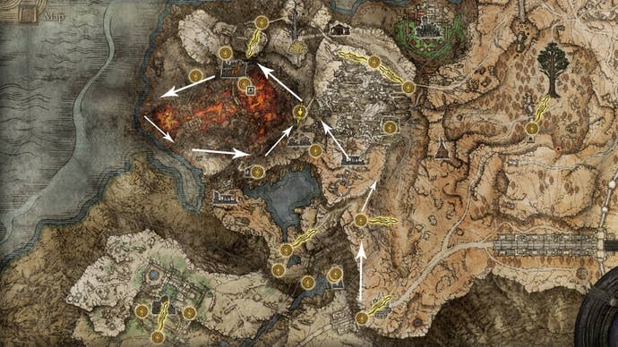 An Elden Ring map showing the path to the Primeval Sorcerer.