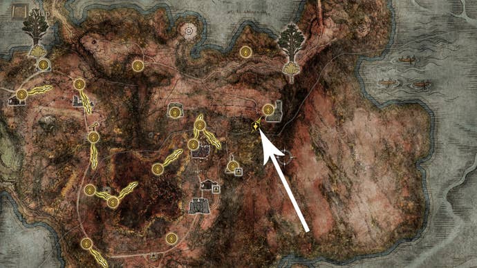 An Elden Ring map showing the Sellia Hideaway location.