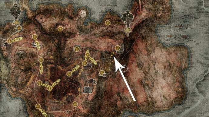 An Elden Ring map showing the Sellia Hideaway location.
