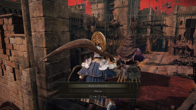 An Elden Ring player speaking with Jerren in Redmane Castle.