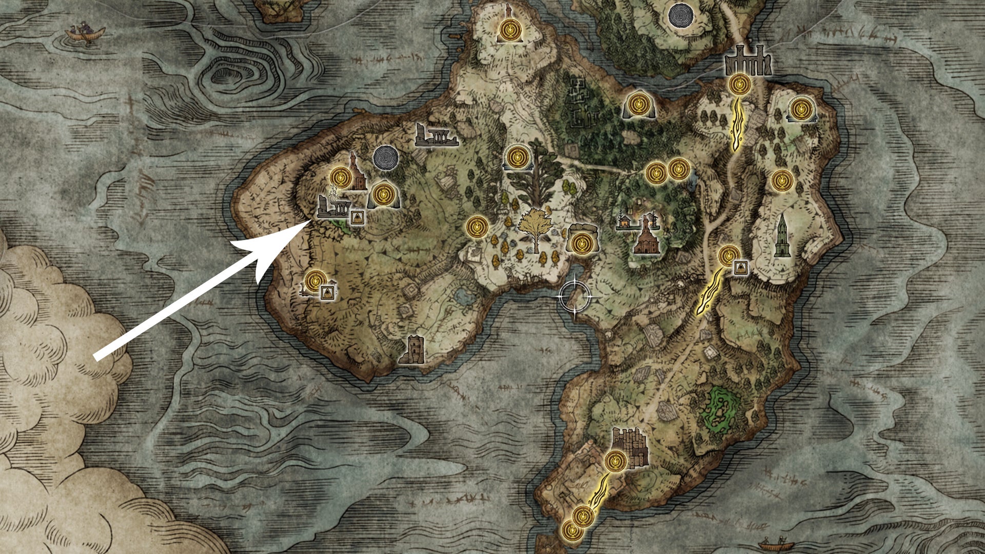 A map showing the location of the Witchbane Ruins in Elden Ring. - 10