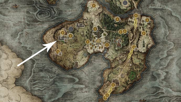 A map showing the location of the Witchbane Ruins in Elden Ring.
