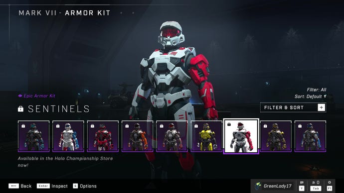 Halo Infinite’s Mark VII Armor Core, sporting the Sentinels Armor Kit customisation.