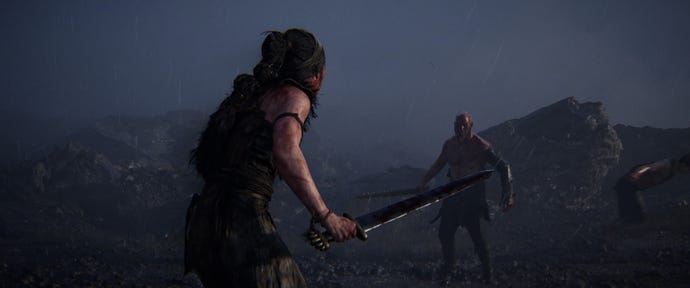 Senua holds a sword and faces off against an enemy in the midde distance in Senua's Saga: Hellblade 2.