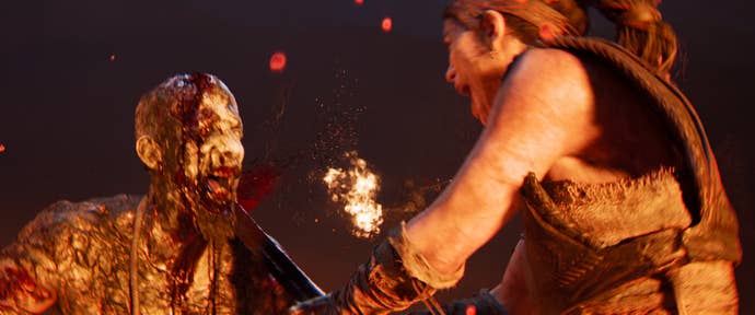 Senua cleaves a man’s head in half during some extremely gory combat in Senua’s Saga: Hellblade 2.