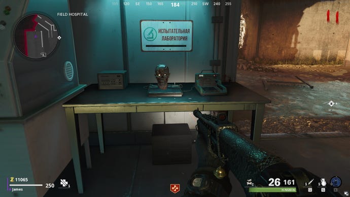 Sergei’s head sits on a plate on the desk