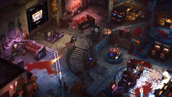 Vip3r slides a body in a delapidated arcade in Serial Cleaners.