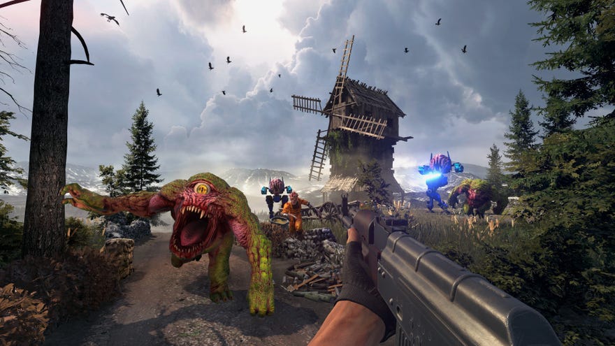 Monster rampaging across the steppe in a Serious Sam: Siberian Mayhem screenshot.