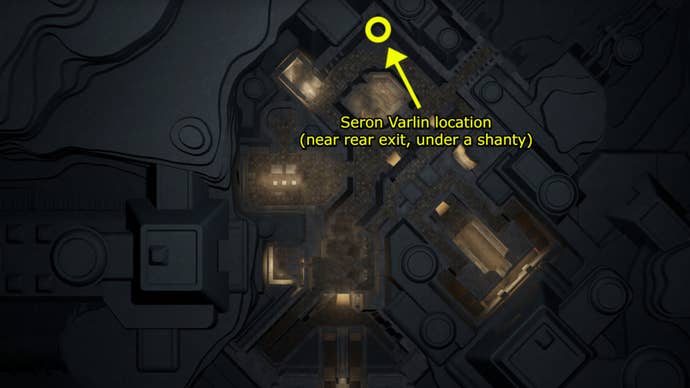 Un mapa de la aldea de Harko con una flecha amarilla que muestra la ubicación aproximada de la varlin del seron en dune Awakening.