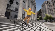 A skater in a yellow hoodie grinds down a stair rail in Session