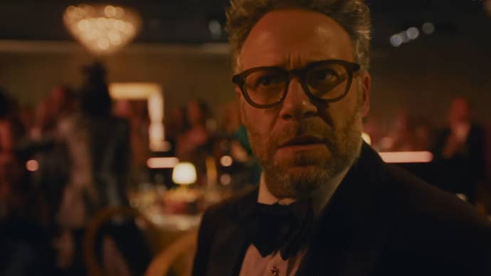 Seth Rogen wearing a tuxedo while looking very concerned in The Studio.