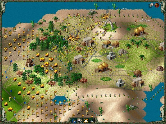 An overhead view of a beach settlement in The Settlers II