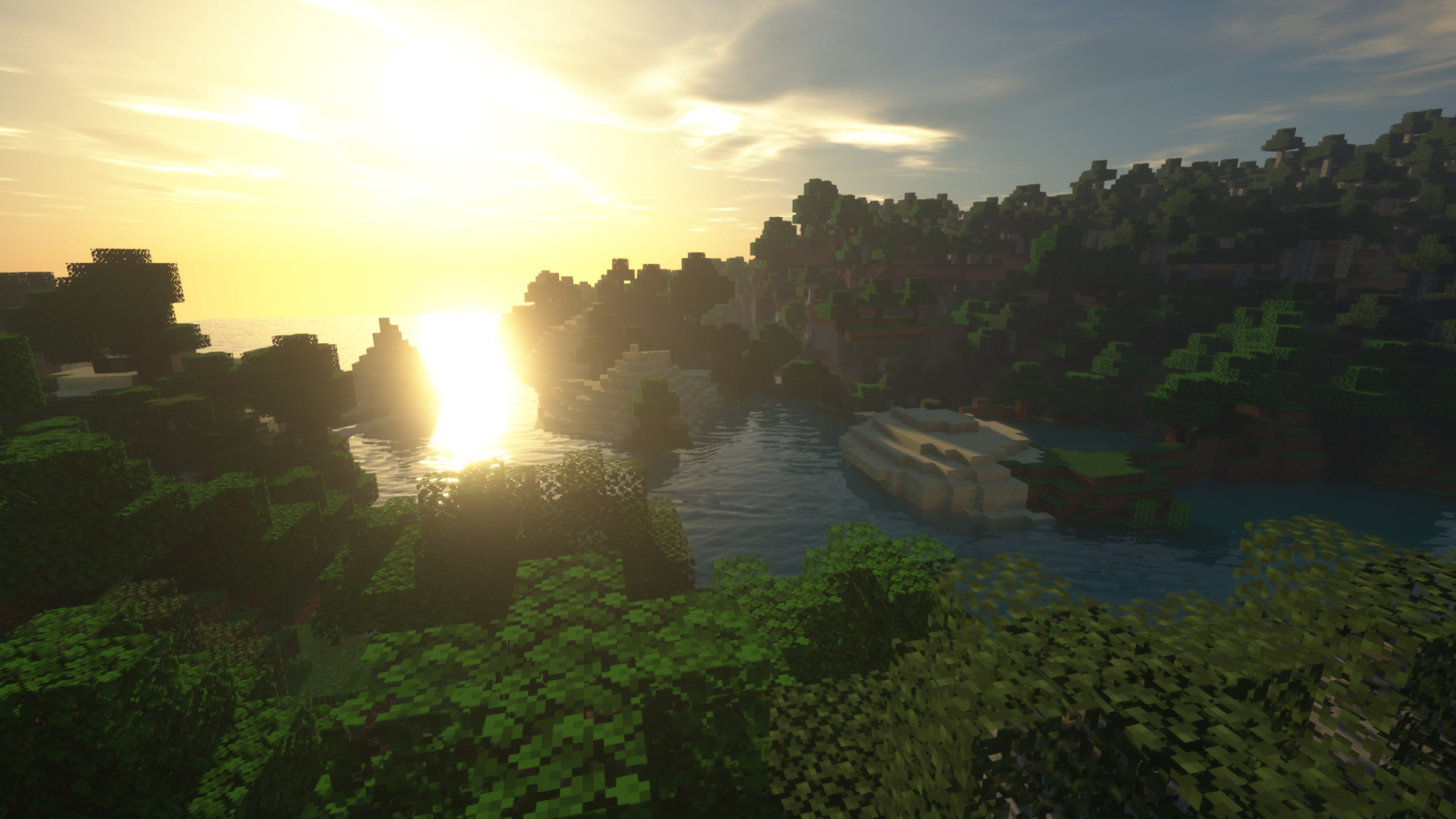 A Minecraft forest landscape with the sun lighting up the sky in the background with SEUS Renewed shaders installed.