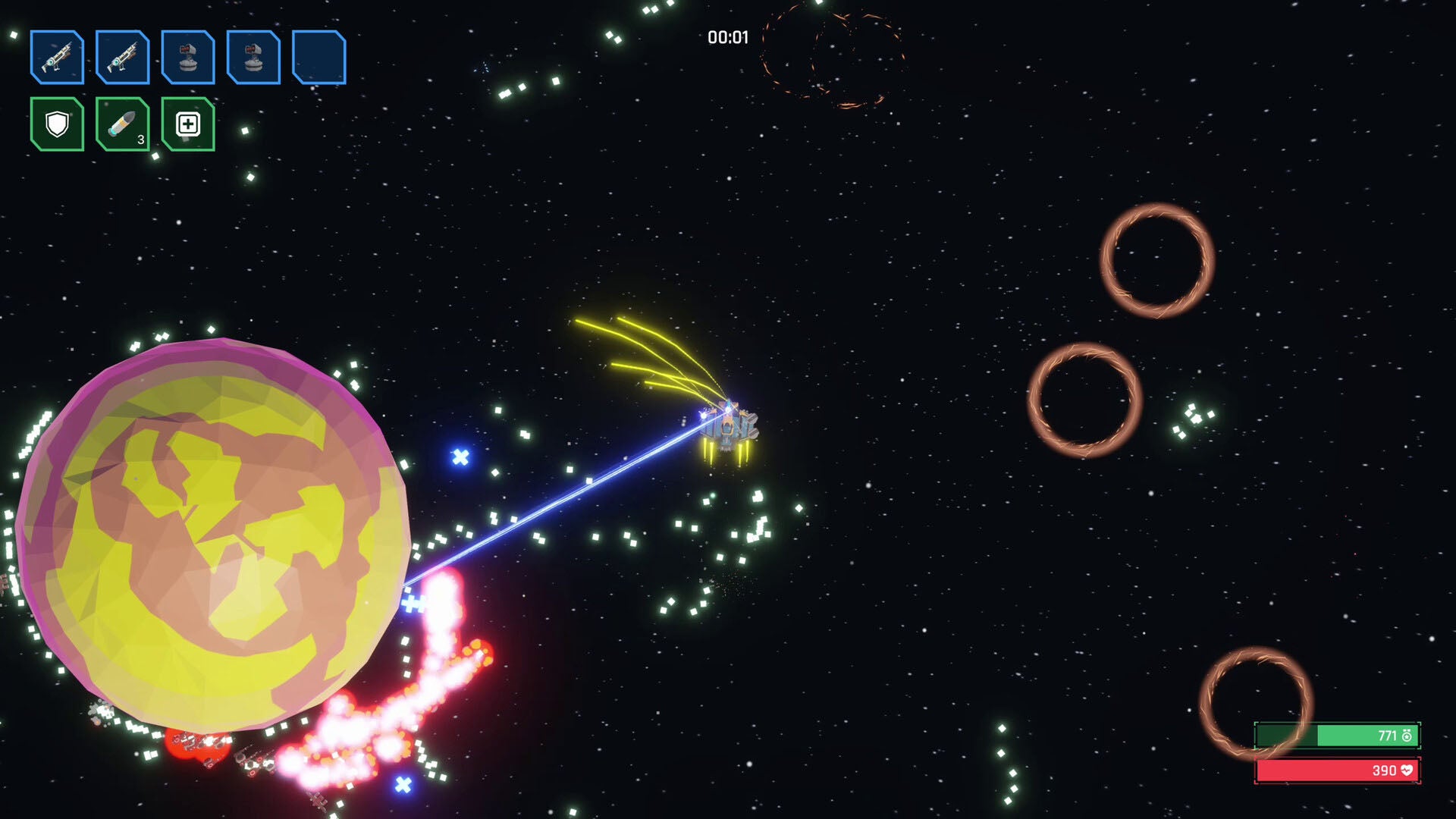A cruiser draws enemy drones in the gravity well of a planet in Seven Suns of Orion