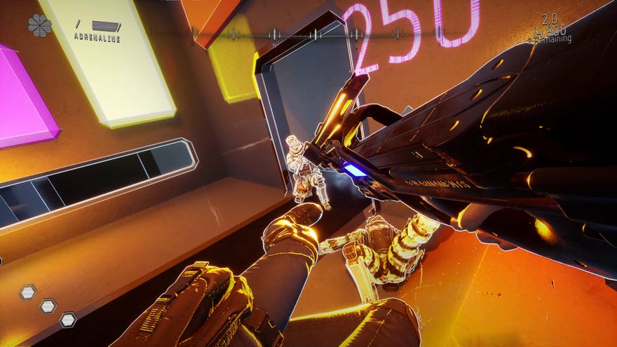 Severed Steel - In first person, a character leaps through the air to kick an enemy while pointing a gun at them.