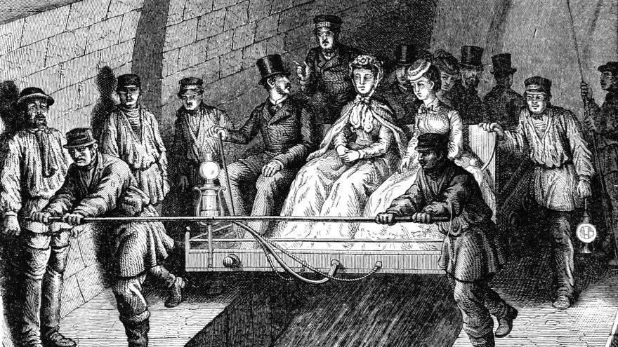 Posh people being carried on a sled through a tour of the sewers in an illustration from ‘French Pictures drawn with pen and pencil’.