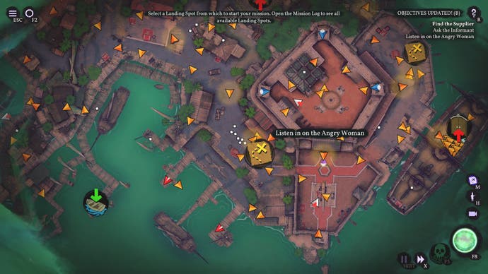A screenshot of Shadow Gambit’s illustrated mission map showing the current island location in detail. Clusters of triangles indicate enemy positions while various icons point to potential landing spots and quest objectives.
