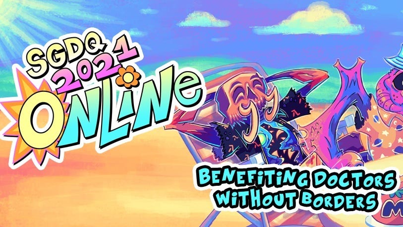 Summer Games Done Quick 2021 banner art: text reads “SGDQ 2021 Online” and “Benefitting doctors without borders” over a character lounging in a beach chair.