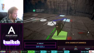 A screencapture of the Styx: Shards of Darkness speedrun at SGDQ 2021 showing Tohelot walking across a set of shapes and symbols on the ground.